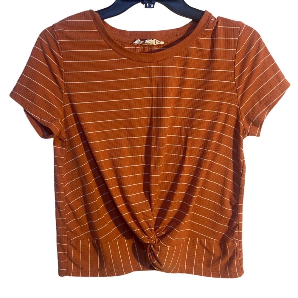 Hippie Rose Womens Large Orange Stripe T-Shirt Knot Front